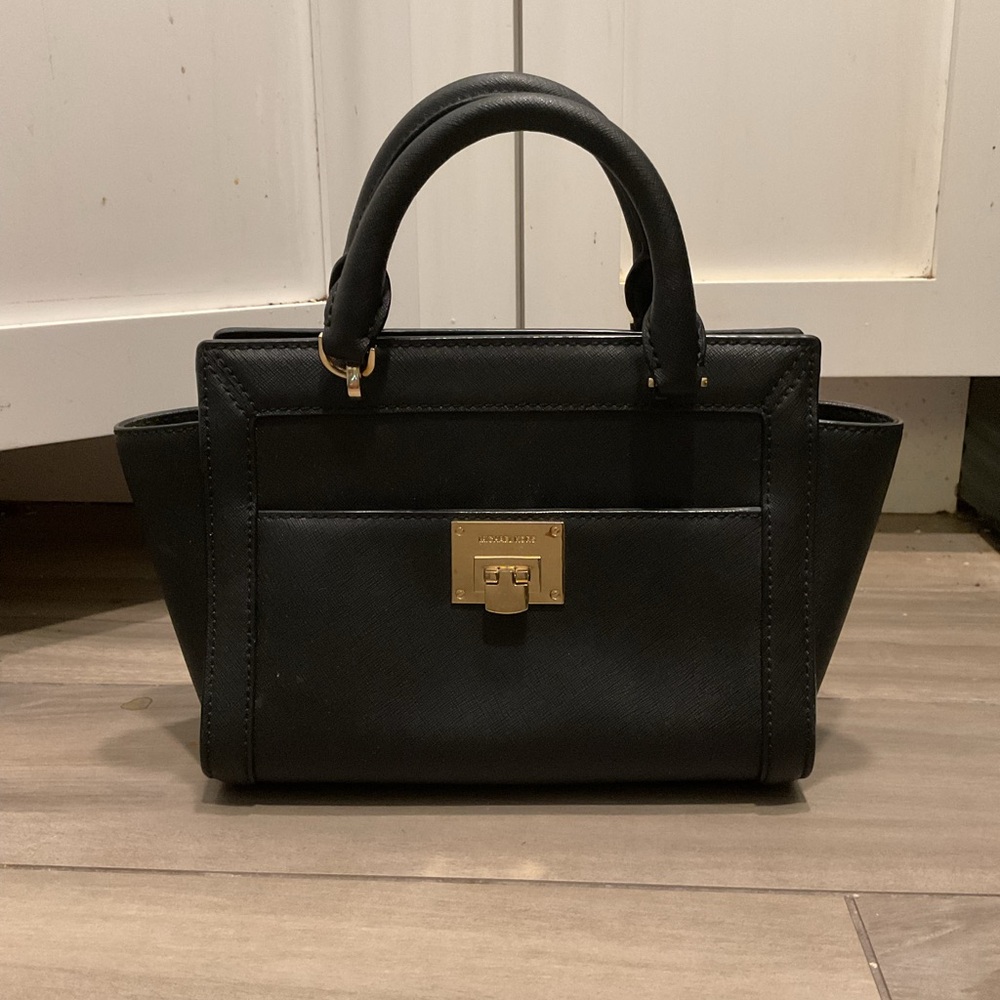 Michael Kors Tina Black Leather Small Tote Bag Satchel Crossbody Purse